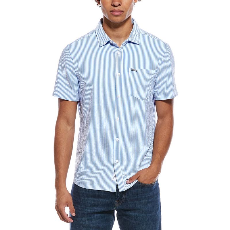 Vintage Summer Mens Knit Seersucker Shirt, Blue